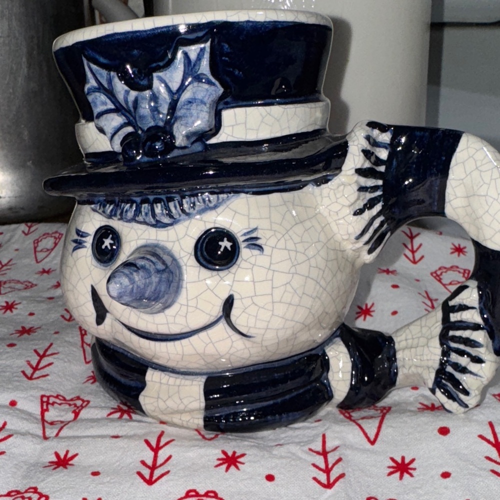 Dedham blue pottery Snowman mug